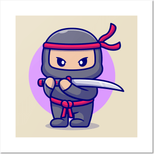 Cute Ninja With Sword Cartoon Posters and Art